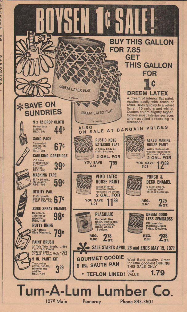 Advertisement from Pomeroy East Washingtonian newspaper for Tum-A-Lum Lumber Company
