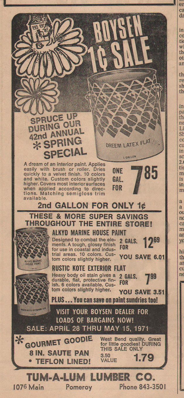 Advertisement from Pomeroy East Washingtonian newspaper for Tum-A-Lum Lumber Company