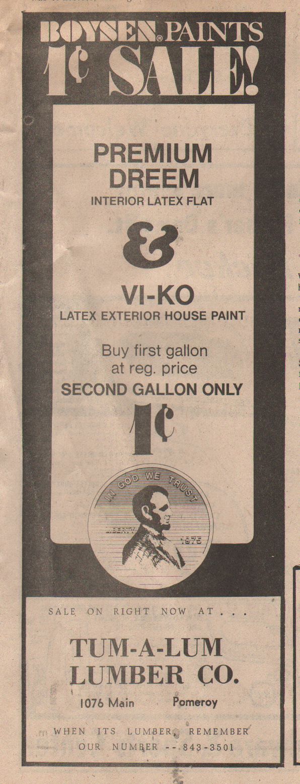 Advertisement from Pomeroy East Washingtonian newspaper for Tum-A-Lum Lumber Company