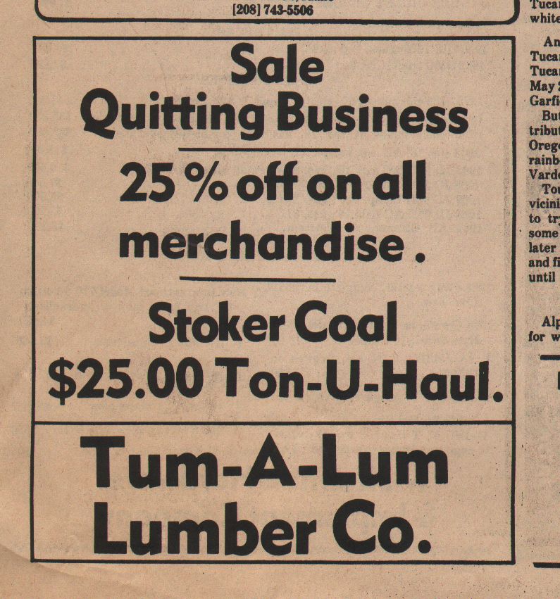 Advertisement from Pomeroy East Washingtonian newspaper for Tum-A-Lum Lumber Company